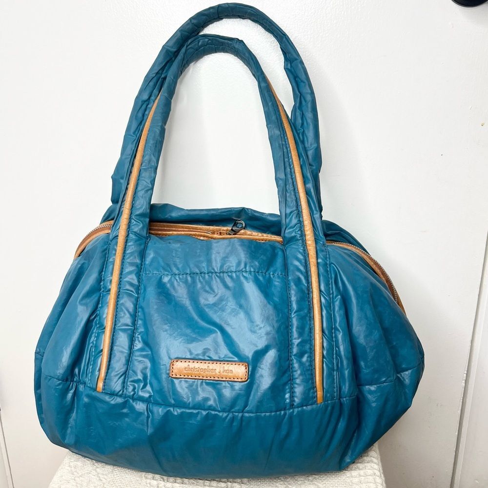 Christopher Kon Blue Nylon Weekender Tote Duffle Satchel Puffer